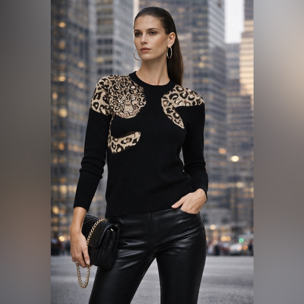 NEW BCBGMAXAZRIA Jaxin Leopard Pullover Knit Sweater – Black